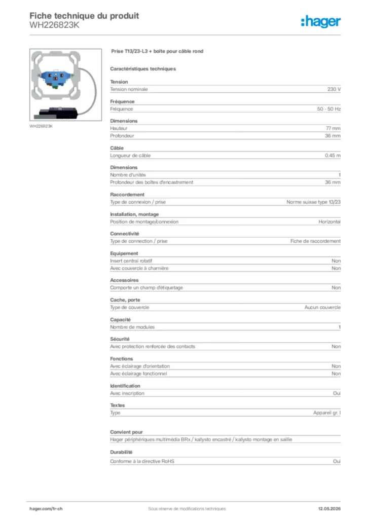 Image Hager Fiche technique du produit WH226823K | Hager Suisse