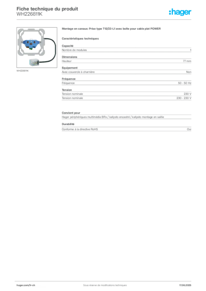 Image Hager Fiche technique du produit WH226811K | Hager Suisse