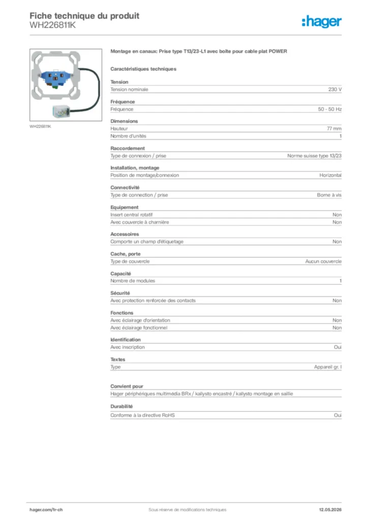 Image Hager Fiche technique du produit WH226811K | Hager Suisse