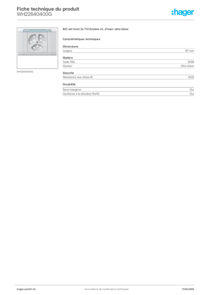 Image Hager Fiche technique du produit WH22640400G | Hager Suisse