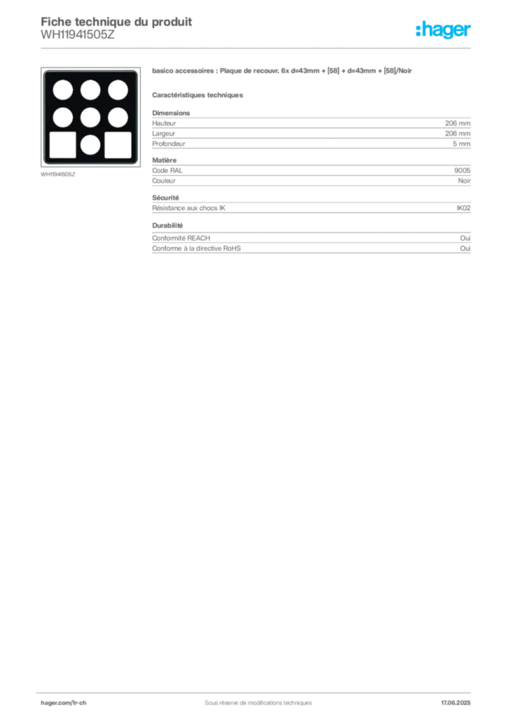 Image Hager Fiche technique du produit WH11941505Z | Hager Suisse