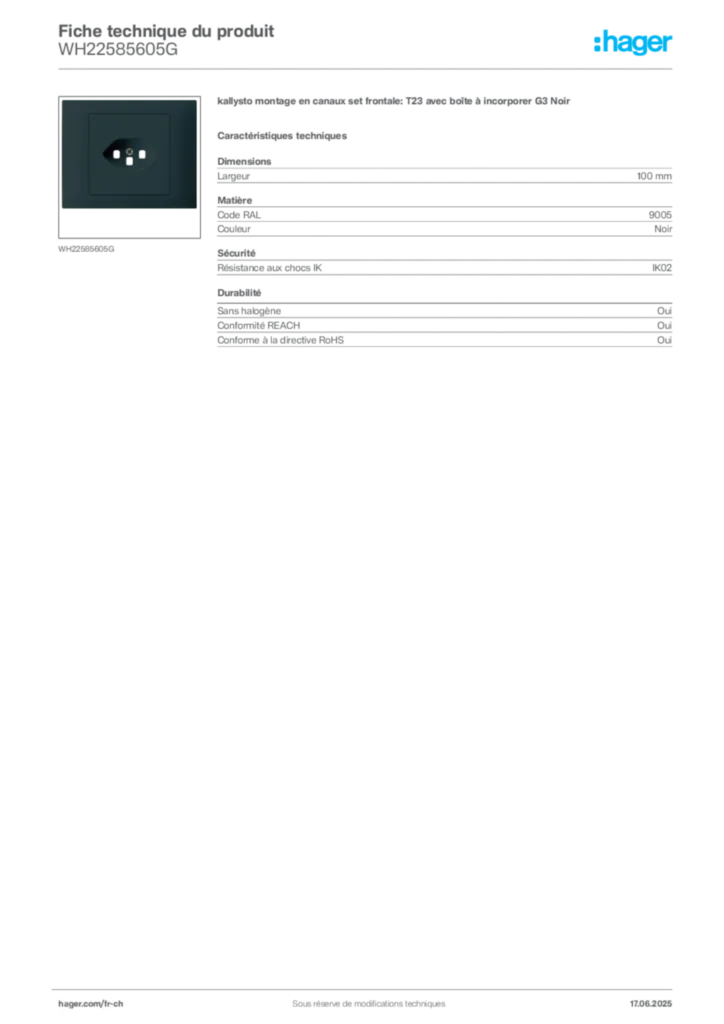 Image Hager Fiche technique du produit WH22585605G | Hager Suisse