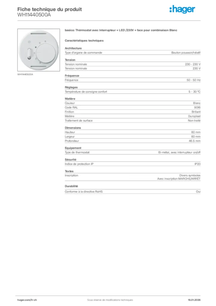 Image Hager Fiche technique du produit WH11440500A | Hager Suisse