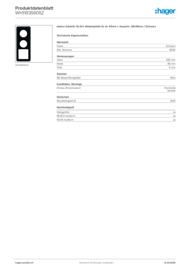 Bild Hager Produktdatenblatt WH11935805Z | Hager Schweiz