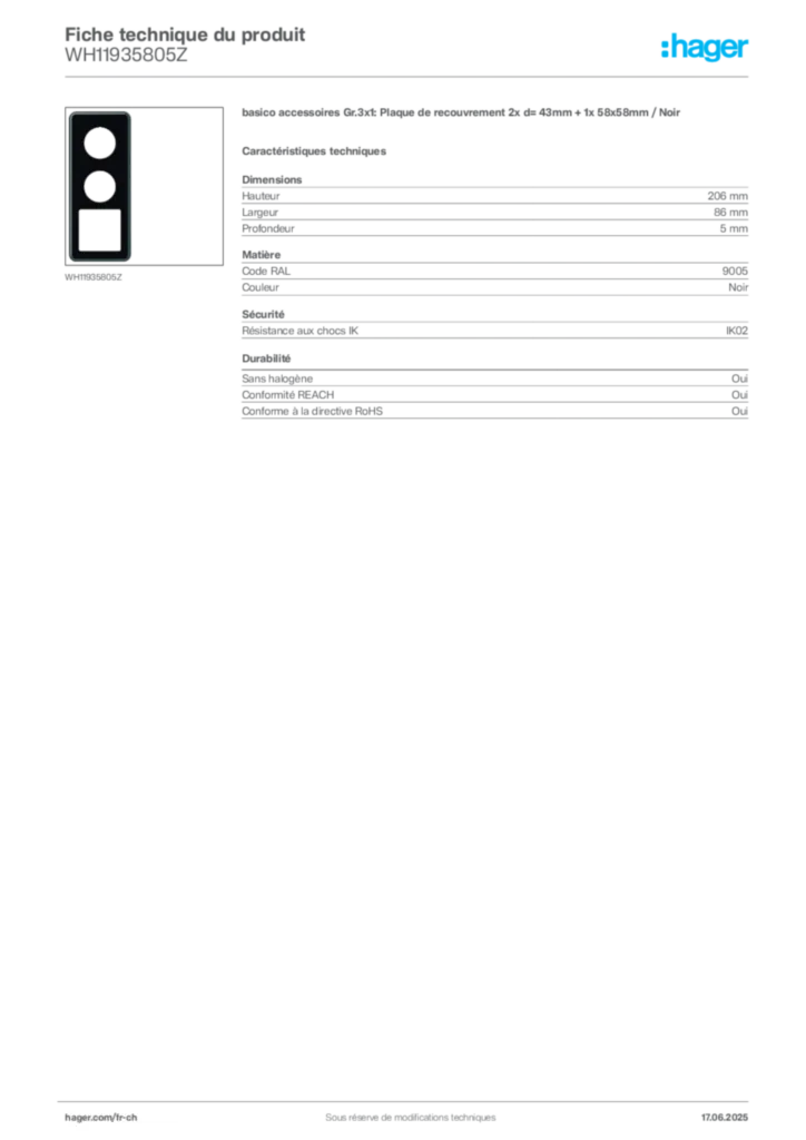 Image Hager Fiche technique du produit WH11935805Z | Hager Suisse