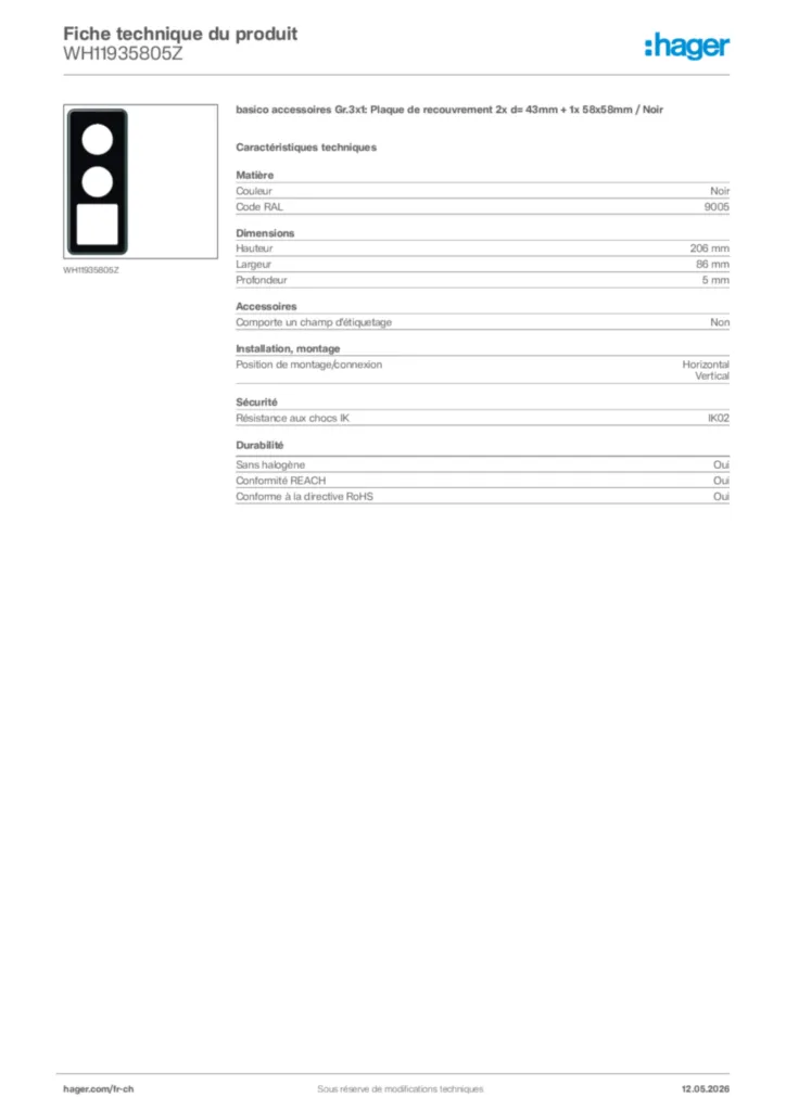 Image Hager Fiche technique du produit WH11935805Z | Hager Suisse