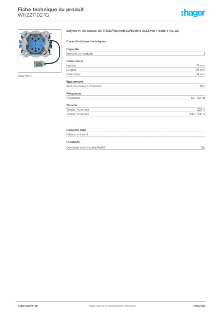 Image Hager Fiche technique du produit WH227102TG | Hager Suisse