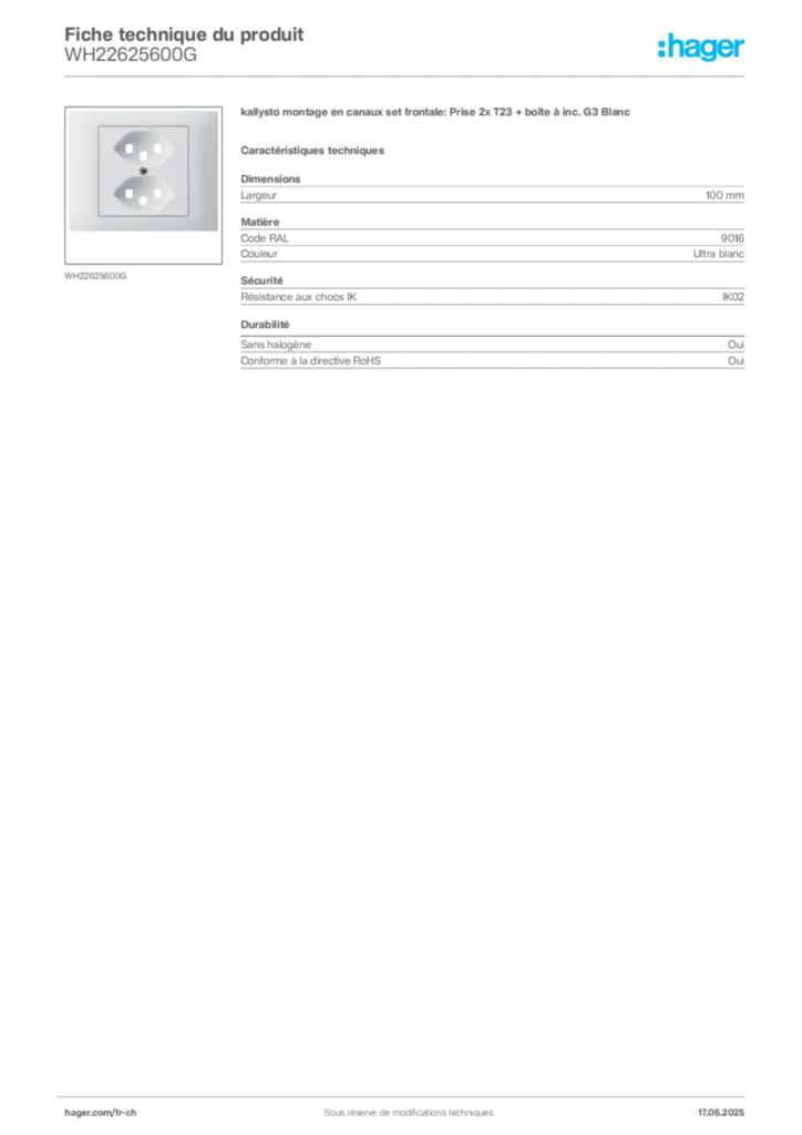 Image Hager Fiche technique du produit WH22625600G | Hager Suisse