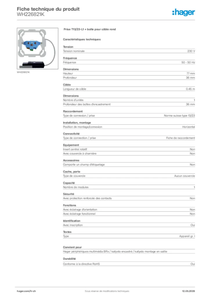 Image Hager Fiche technique du produit WH226821K | Hager Suisse