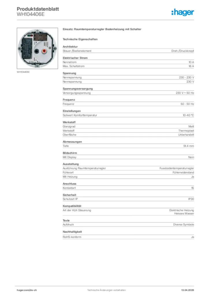 Bild Hager Produktdatenblatt WH104406E | Hager Schweiz