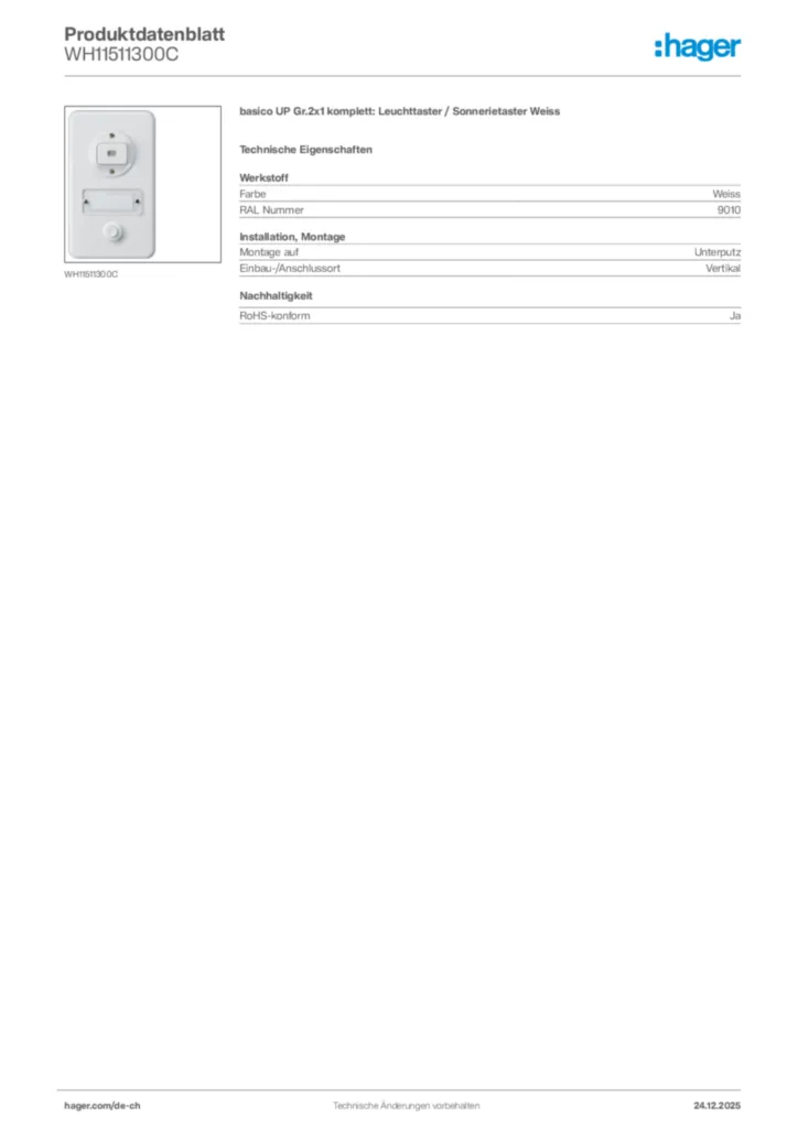 Bild Hager Produktdatenblatt WH11511300C | Hager Schweiz