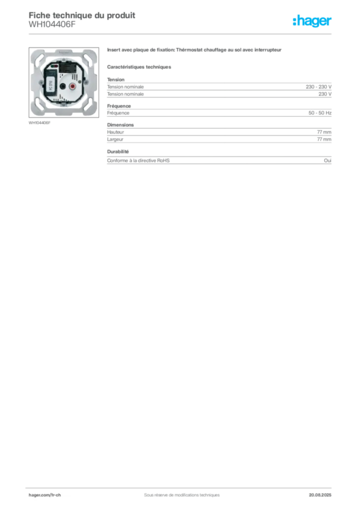 Image Hager Fiche technique du produit WH104406F | Hager Suisse