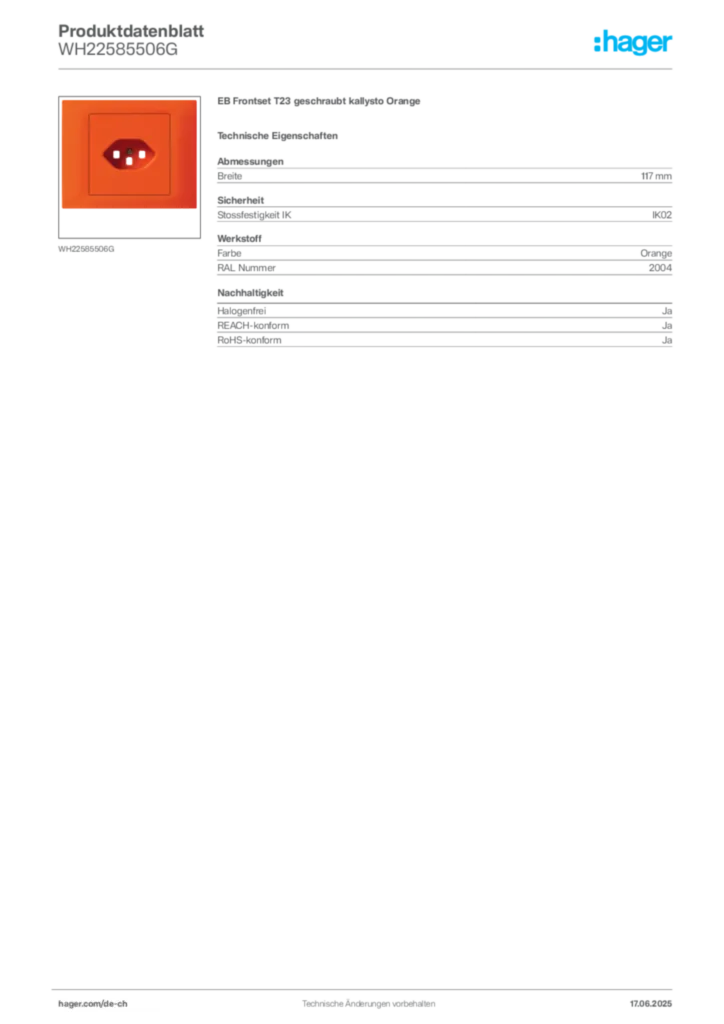 Bild Hager Produktdatenblatt WH22585506G | Hager Schweiz