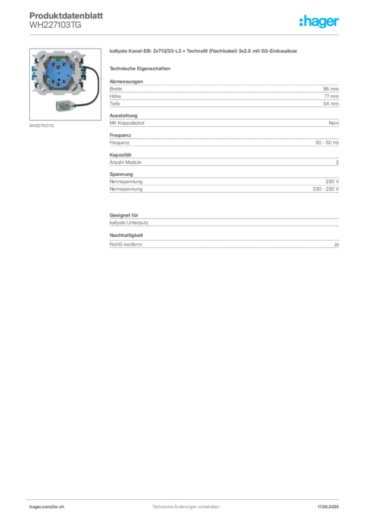 Bild Hager Produktdatenblatt WH227103TG | Hager Schweiz