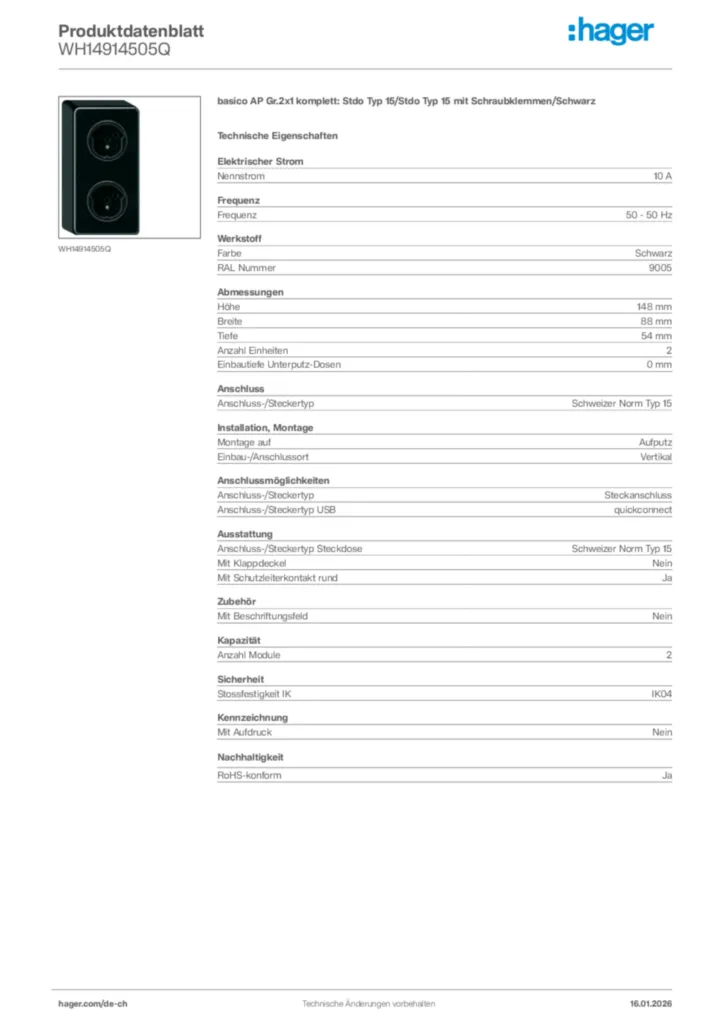 Bild Hager Produktdatenblatt WH14914505Q | Hager Schweiz