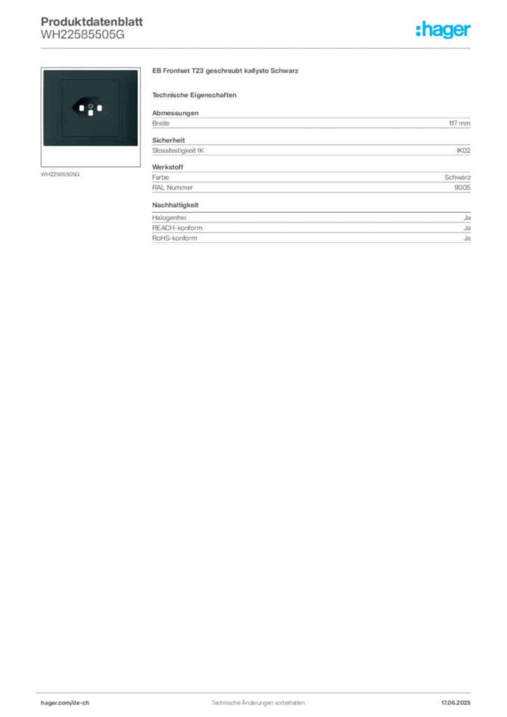 Bild Hager Produktdatenblatt WH22585505G | Hager Schweiz