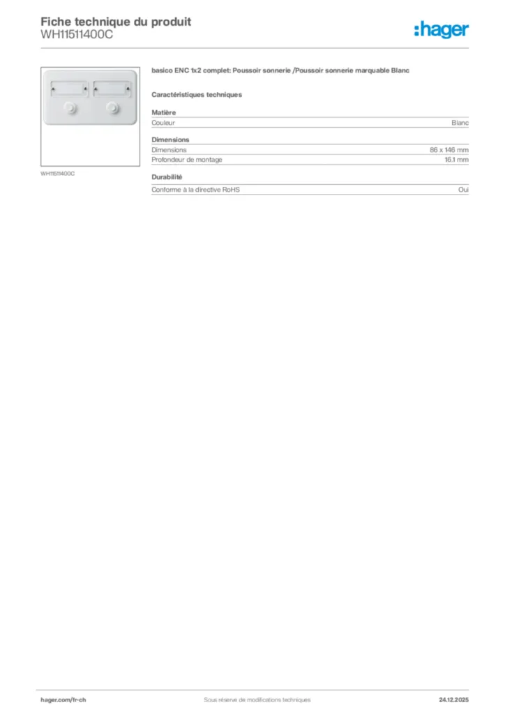 Image Hager Fiche technique du produit WH11511400C | Hager Suisse
