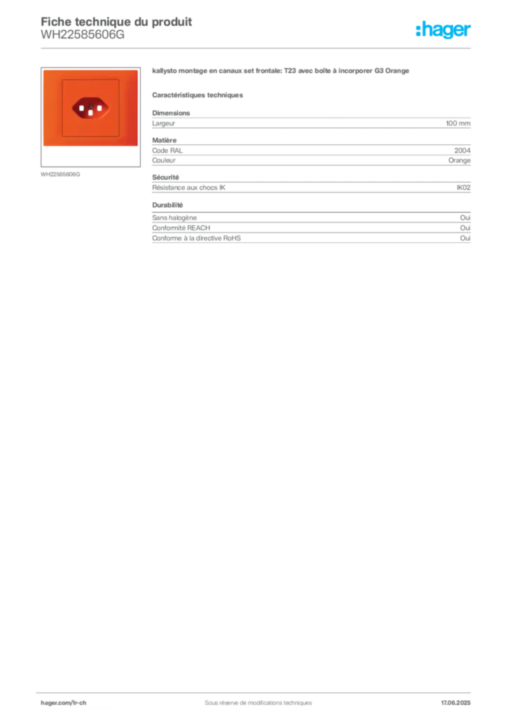 Image Hager Fiche technique du produit WH22585606G | Hager Suisse
