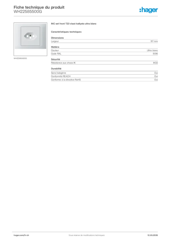 Image Hager Fiche technique du produit WH22585500G | Hager Suisse