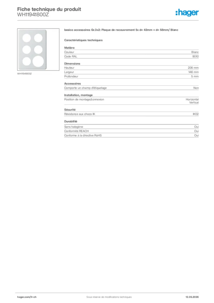 Image Hager Fiche technique du produit WH11941800Z | Hager Suisse