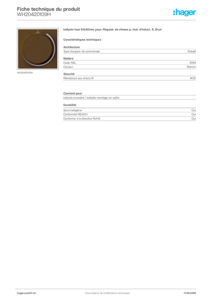Image Hager Fiche technique du produit WH20420109H | Hager Suisse