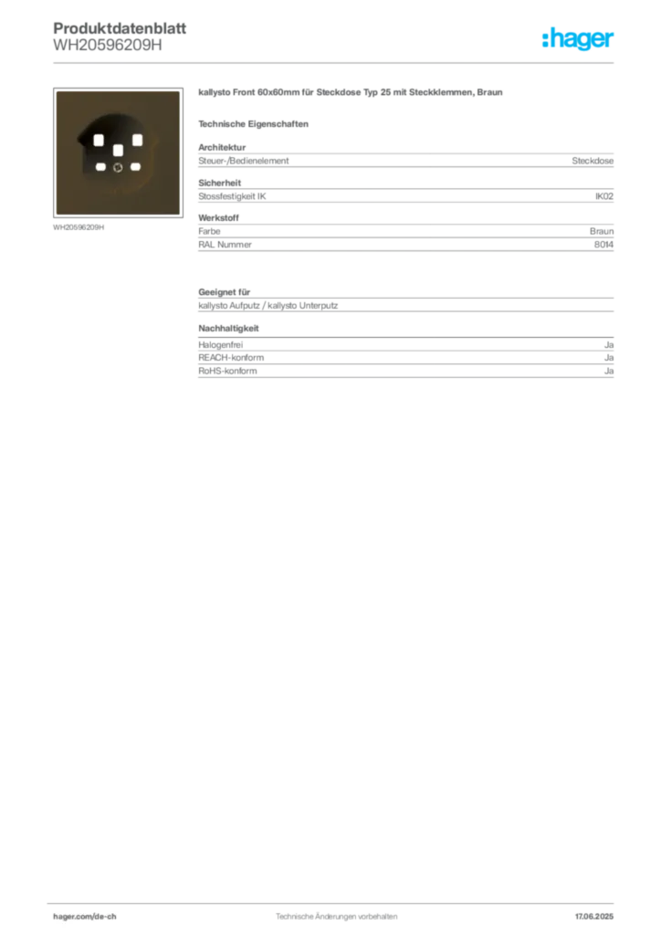 Bild Hager Produktdatenblatt WH20596209H | Hager Schweiz