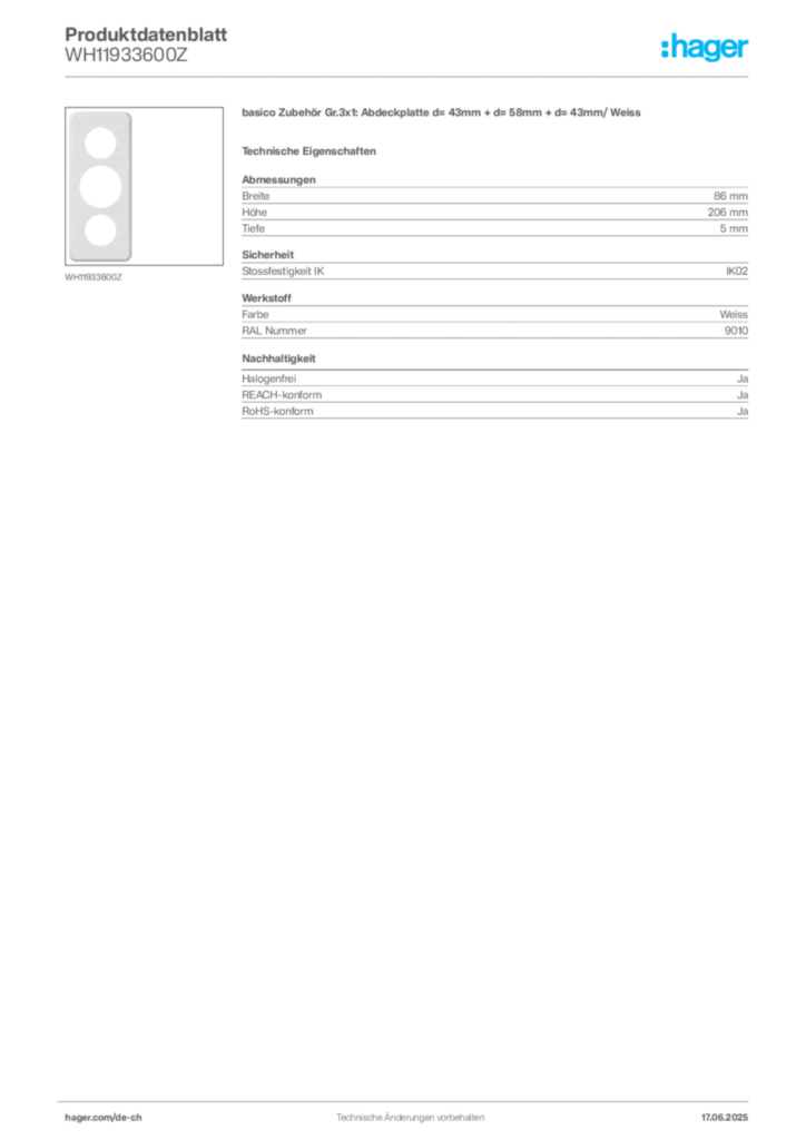 Bild Hager Produktdatenblatt WH11933600Z | Hager Schweiz