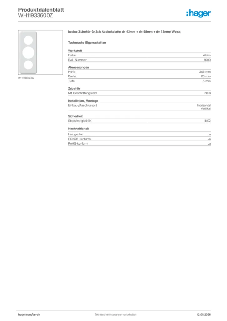 Bild Hager Produktdatenblatt WH11933600Z | Hager Schweiz