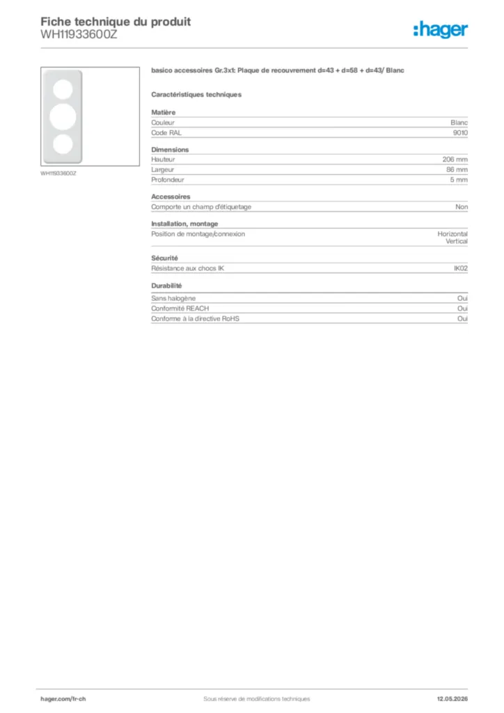 Image Hager Fiche technique du produit WH11933600Z | Hager Suisse