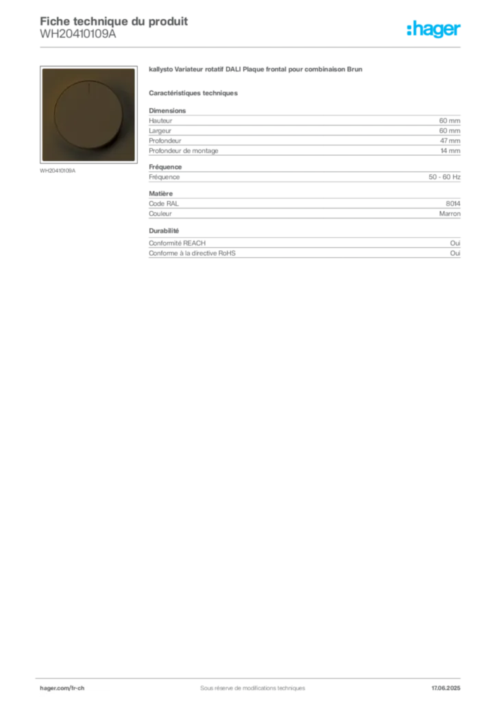 Image Hager Fiche technique du produit WH20410109A | Hager Suisse