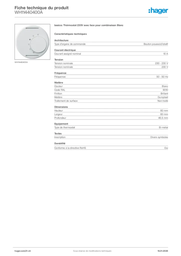 Image Hager Fiche technique du produit WH11440400A | Hager Suisse