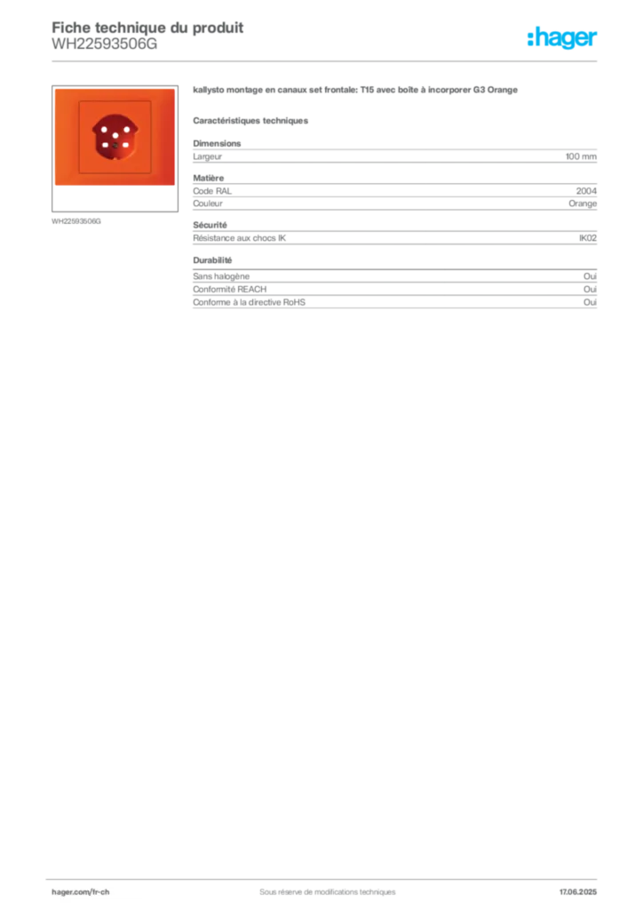 Image Hager Fiche technique du produit WH22593506G | Hager Suisse
