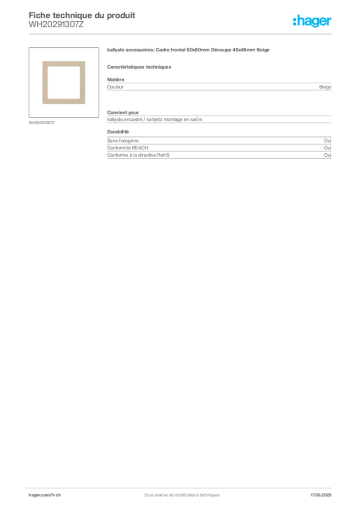 Image Hager Fiche technique du produit WH20291307Z | Hager Suisse