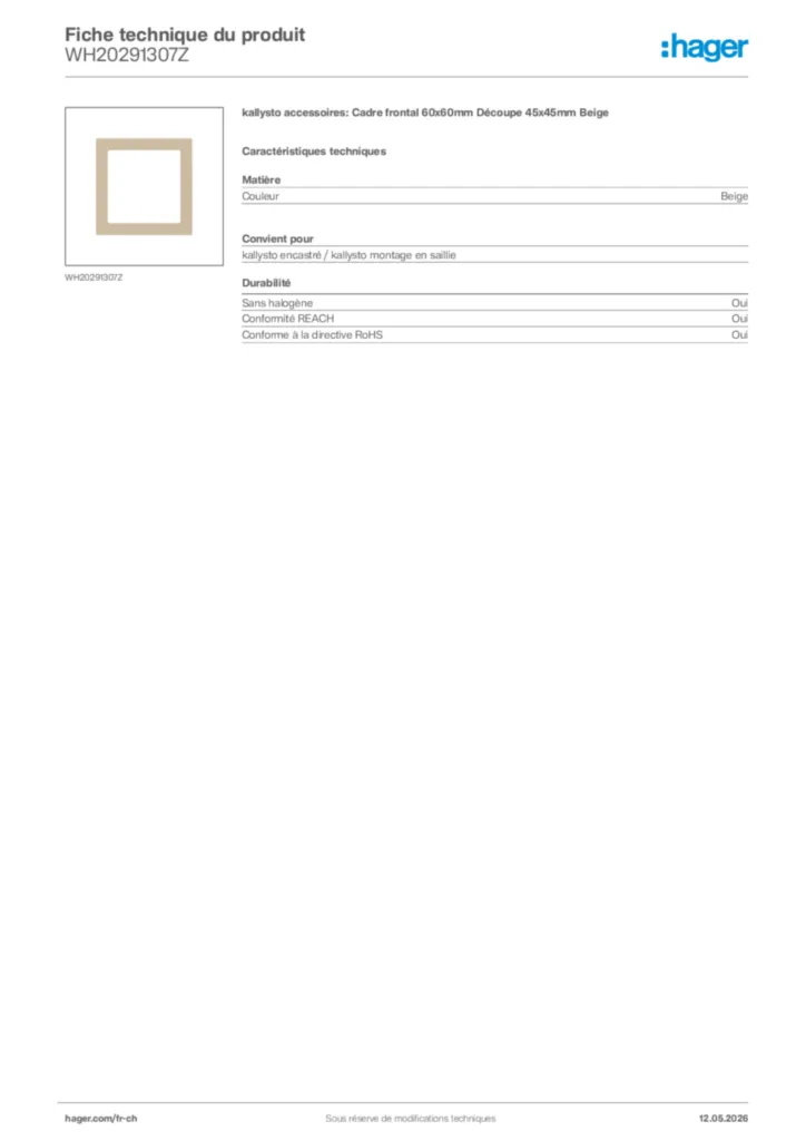 Image Hager Fiche technique du produit WH20291307Z | Hager Suisse
