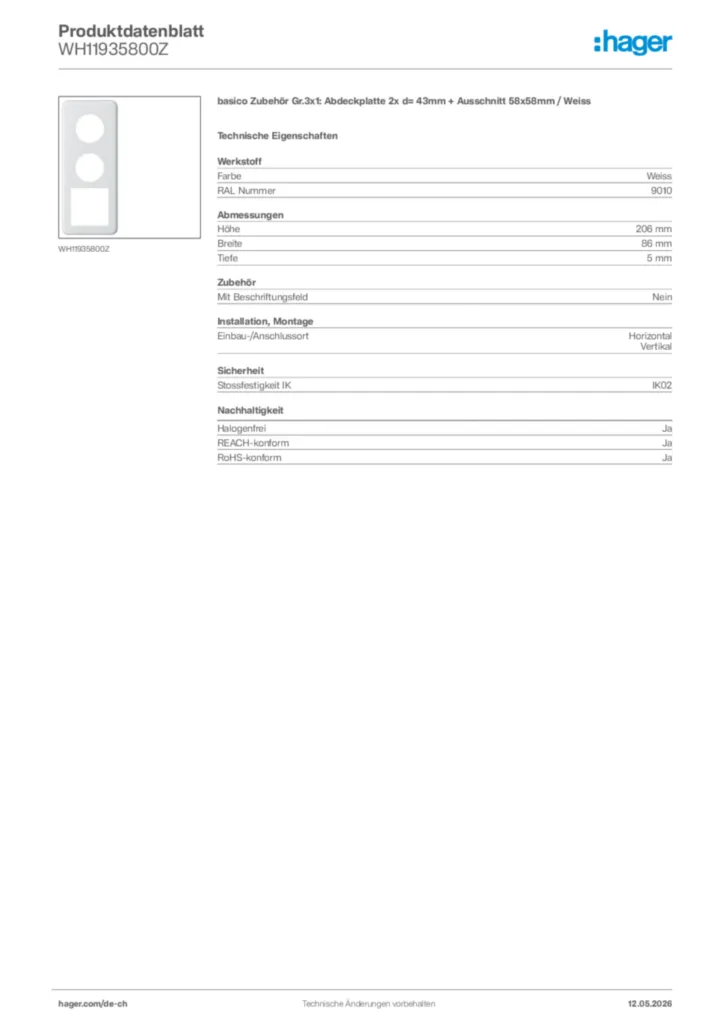 Bild Hager Produktdatenblatt WH11935800Z | Hager Schweiz