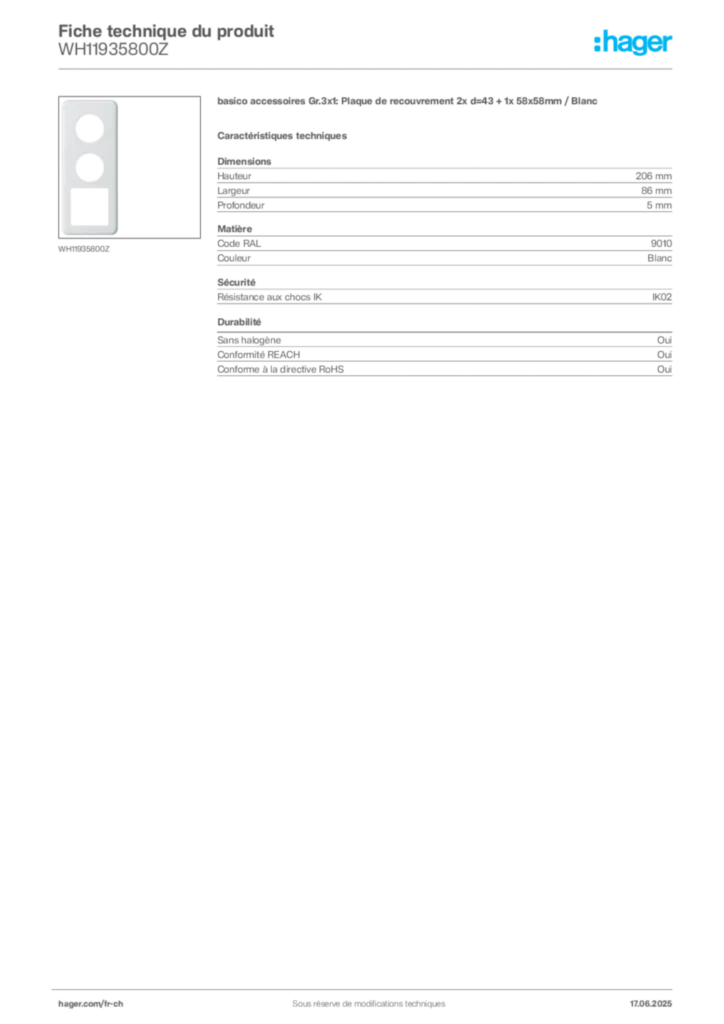 Image Hager Fiche technique du produit WH11935800Z | Hager Suisse