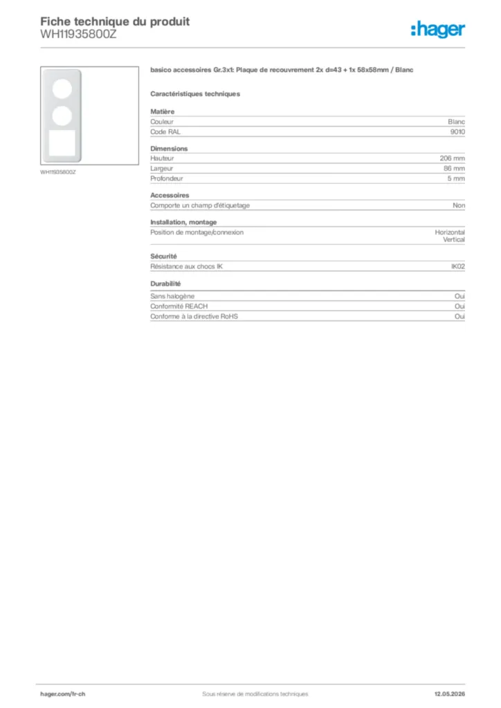 Image Hager Fiche technique du produit WH11935800Z | Hager Suisse