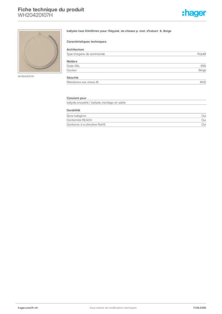 Image Hager Fiche technique du produit WH20420107H | Hager Suisse