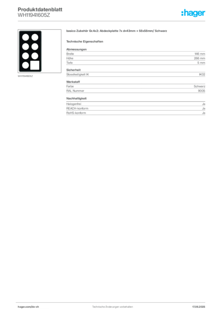 Bild Hager Produktdatenblatt WH11941605Z | Hager Schweiz