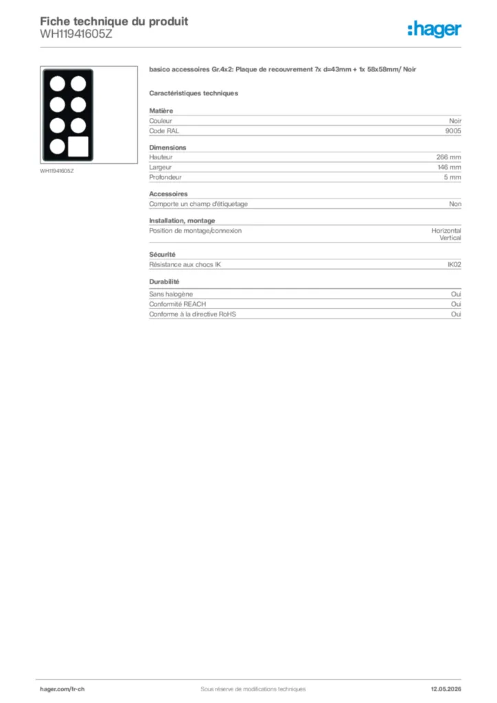 Image Hager Fiche technique du produit WH11941605Z | Hager Suisse