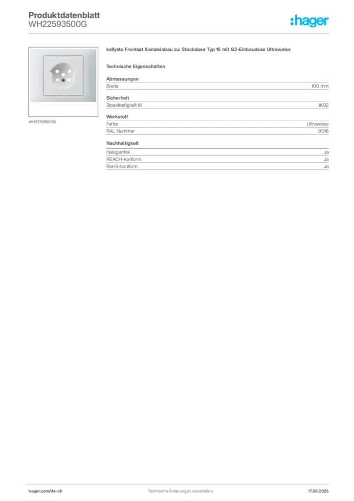Bild Hager Produktdatenblatt WH22593500G | Hager Schweiz