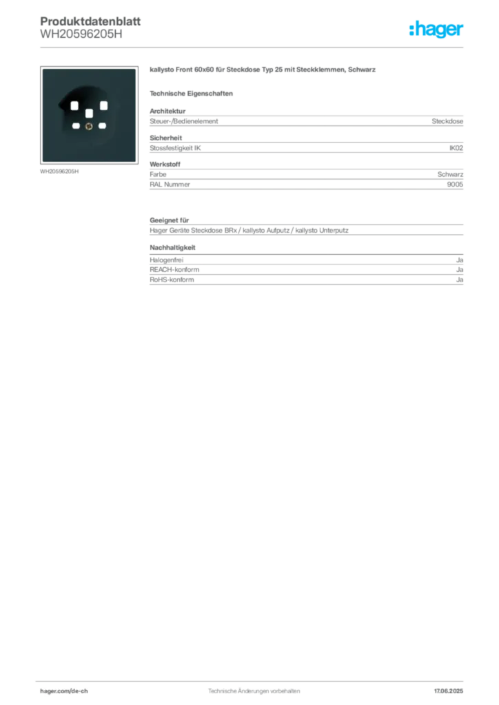 Bild Hager Produktdatenblatt WH20596205H | Hager Schweiz