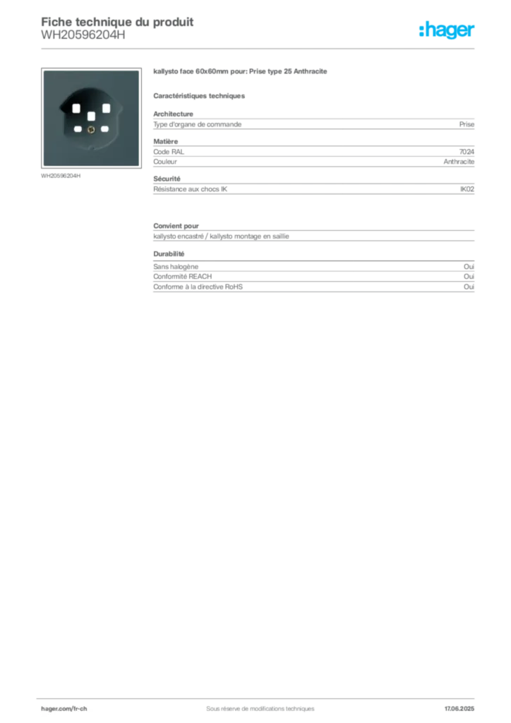 Image Hager Fiche technique du produit WH20596204H | Hager Suisse