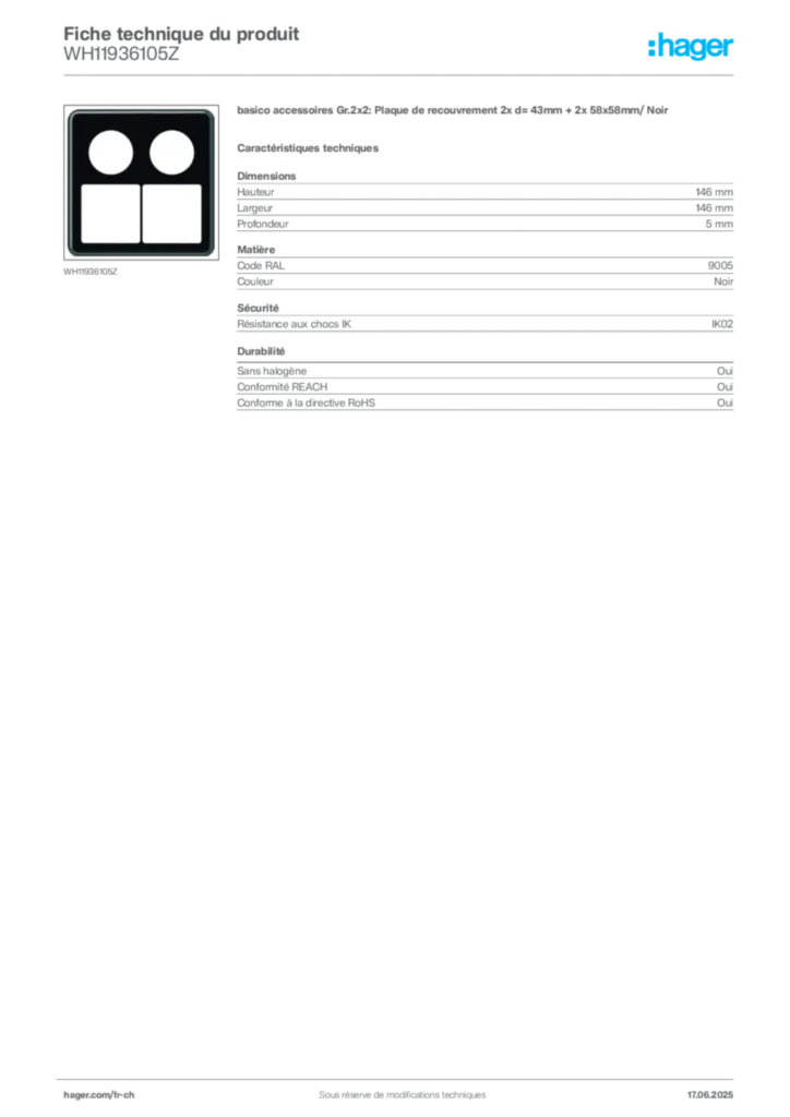 Image Hager Fiche technique du produit WH11936105Z | Hager Suisse