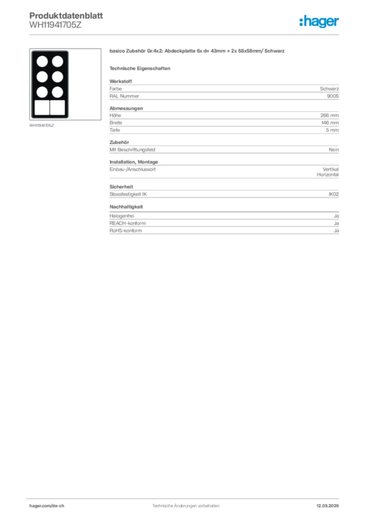 Bild Hager Produktdatenblatt WH11941705Z | Hager Schweiz