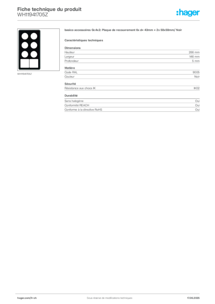 Image Hager Fiche technique du produit WH11941705Z | Hager Suisse