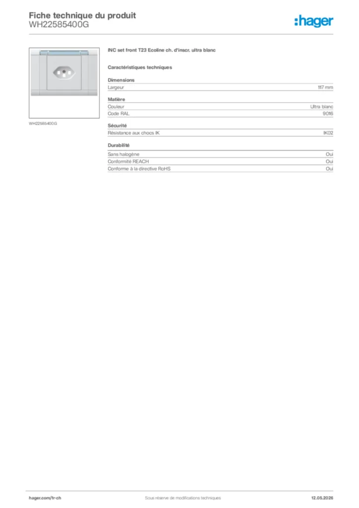 Image Hager Fiche technique du produit WH22585400G | Hager Suisse