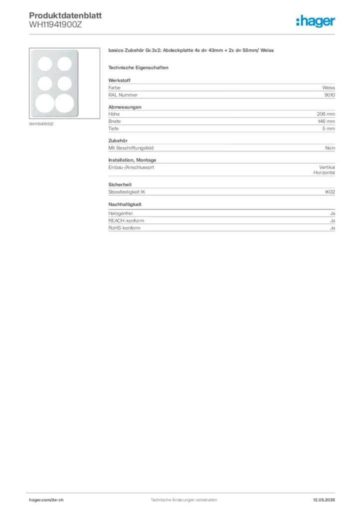Bild Hager Produktdatenblatt WH11941900Z | Hager Schweiz