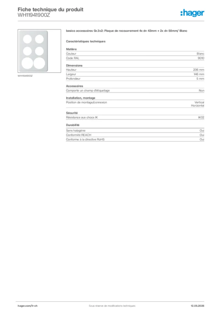 Image Hager Fiche technique du produit WH11941900Z | Hager Suisse