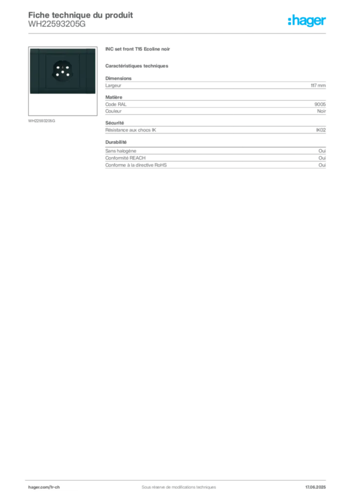 Image Hager Fiche technique du produit WH22593205G | Hager Suisse